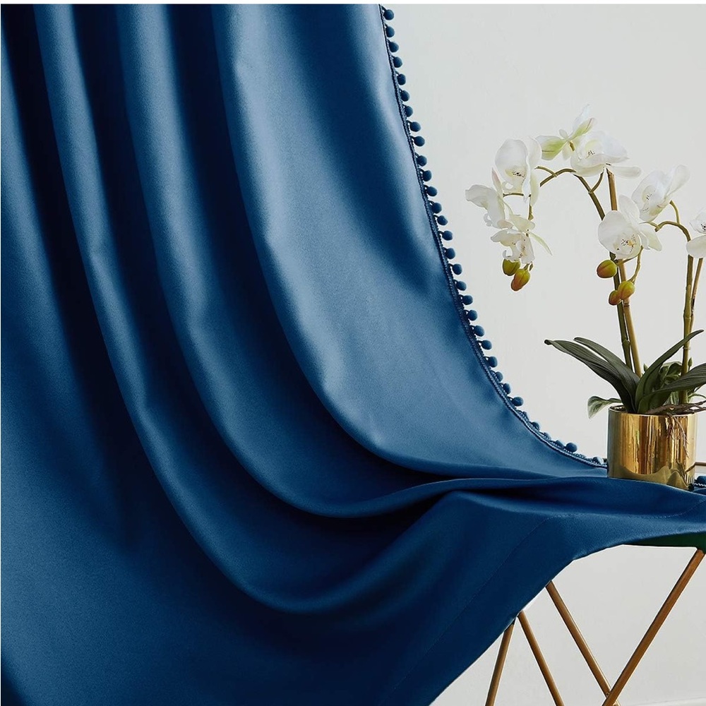 Blue Blackout Curtain with Pom-Pom Trim